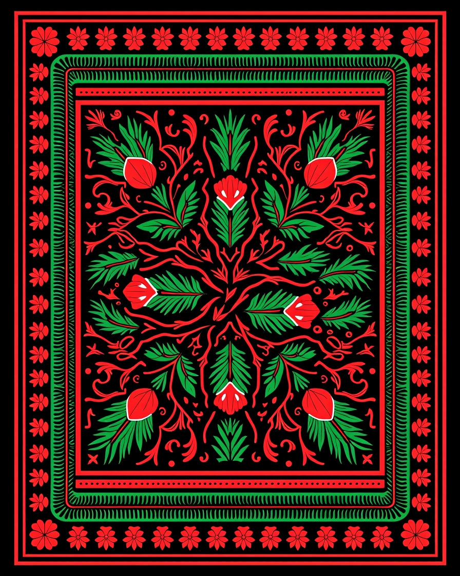 Bold Red Green Floral Garden Tapestry Rug
