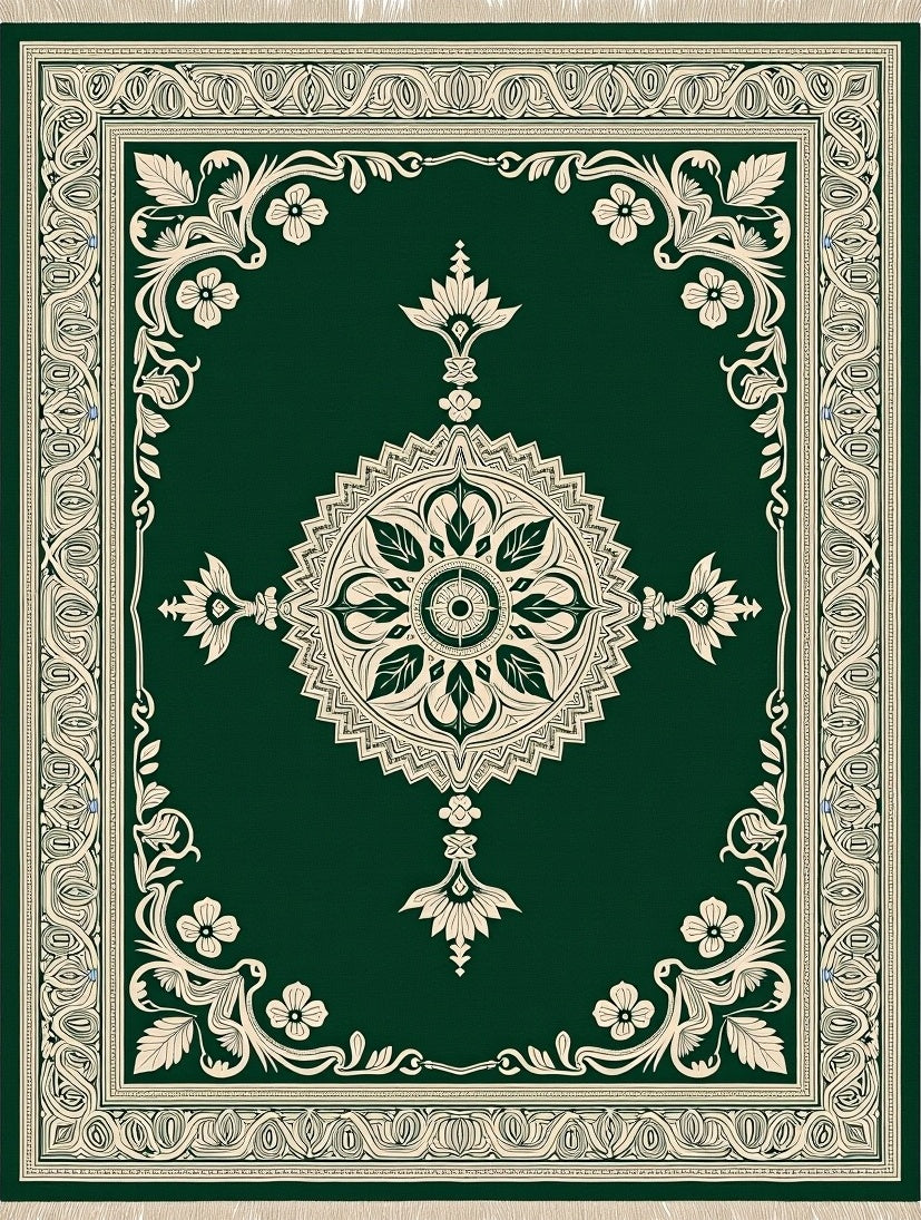 Emerald Green Floral Mandala Border Rug