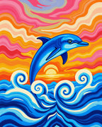 Vibrant Blue Dolphin Sunset Wave Rug