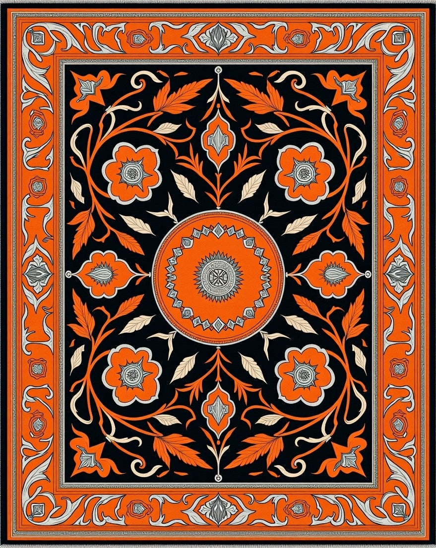 Vibrant Orange Black Floral Medallion Rug