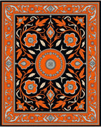 Vibrant Orange Black Floral Medallion Rug