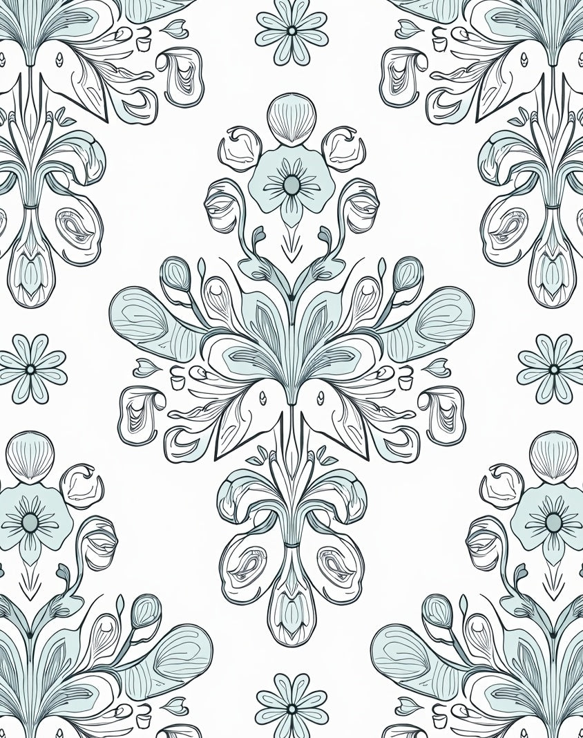 Soft Blue Floral Medallion Line Art Rug