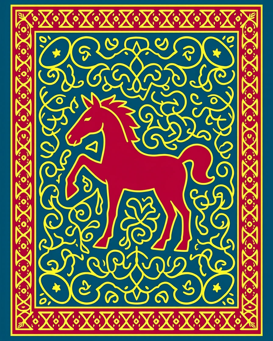 Crimson Horse With Yellow Swirls Rug