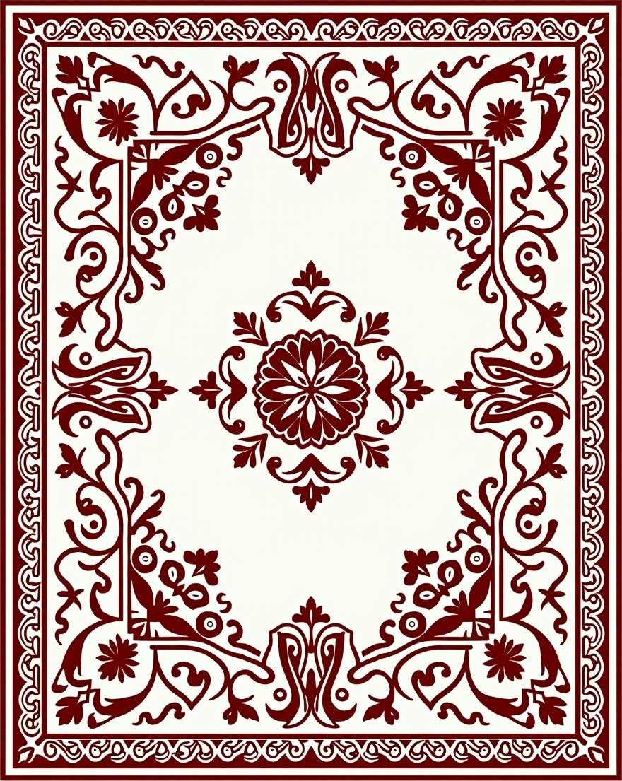 Deep Red Ornate Scrollwork Blossom Rug