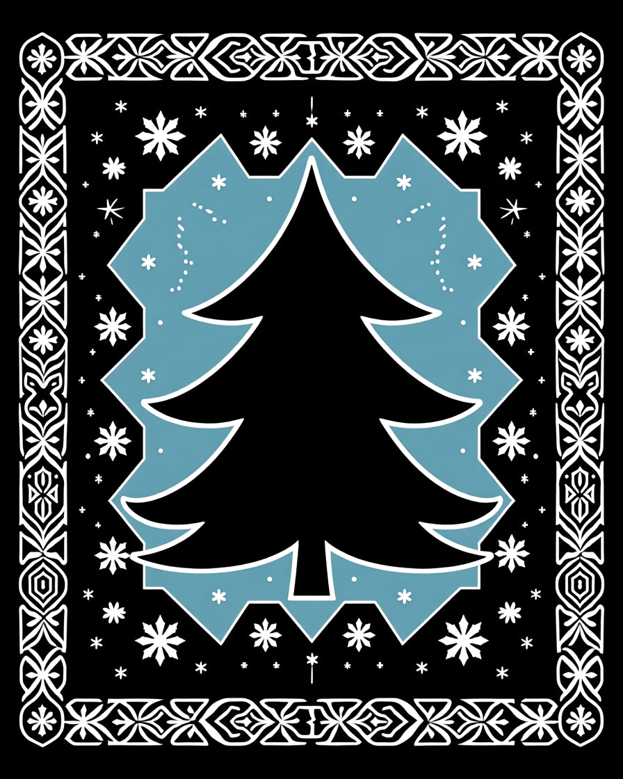 Black Slate Blue Snowflake Tree Border Rug