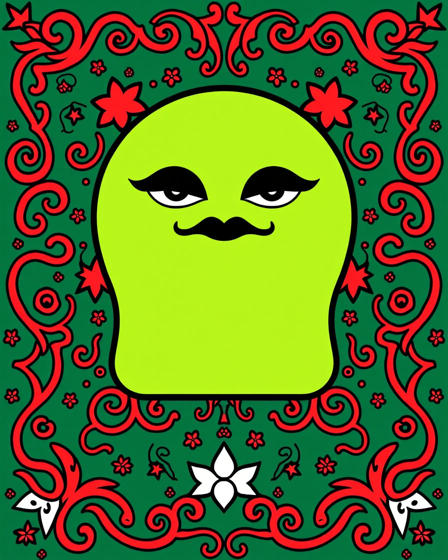 Lime Green Character Red Floral Border Rug