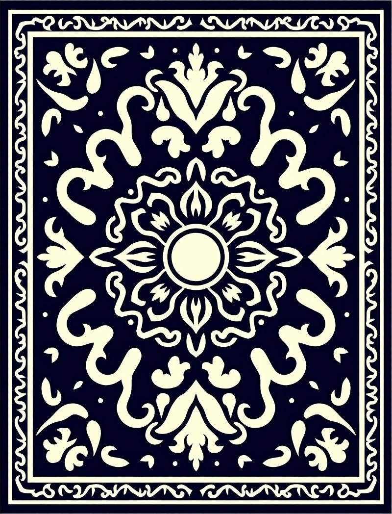 Dark Blue Cream Floral Medallion Border Rug