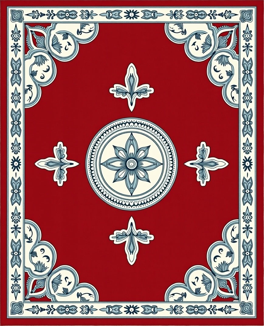 Symmetrical Crimson Floral Corner Accents Rug
