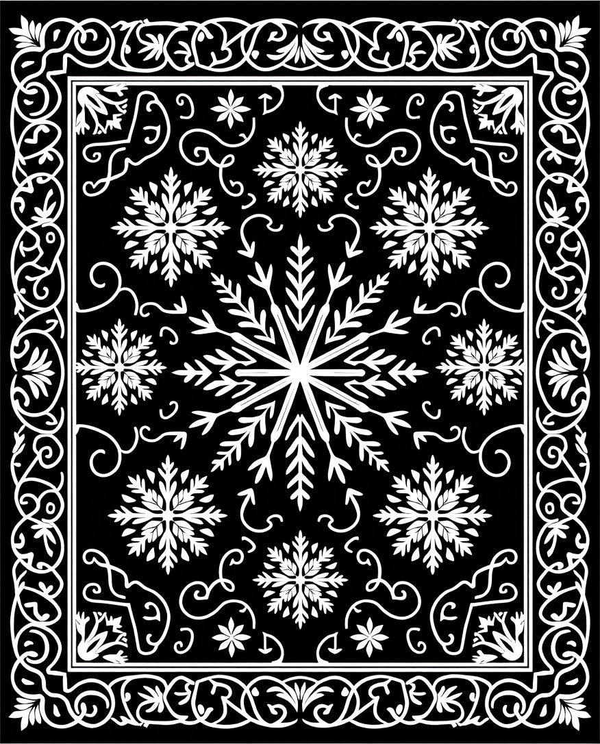 Monochromatic Snowflake Ornamental Border Rug