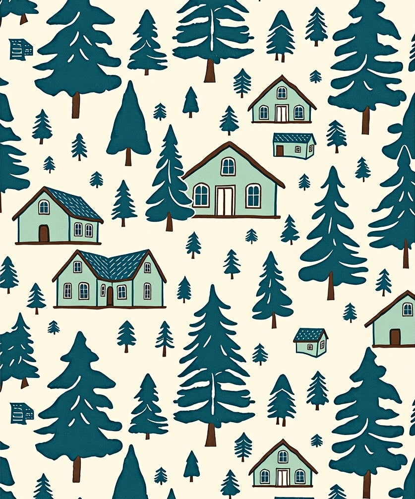 Teal Forest Village Scene Rug