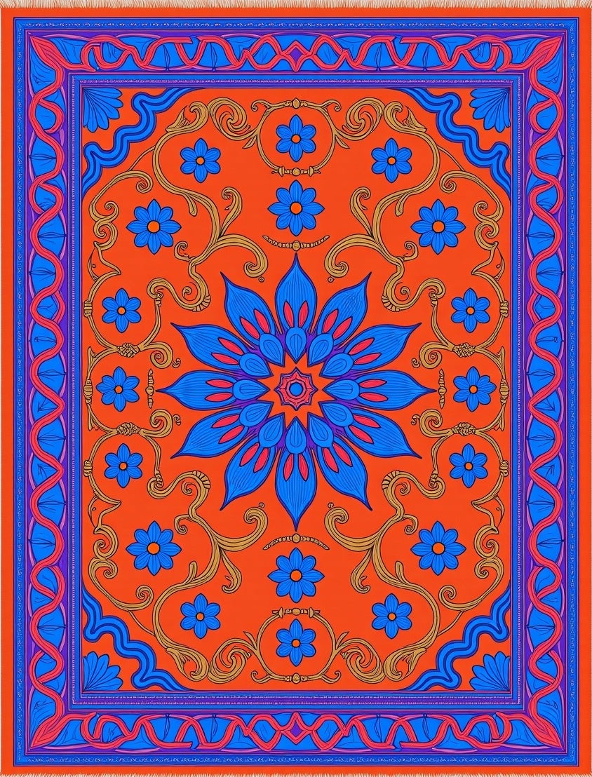 Bold Orange Blue Floral Medallion Rug