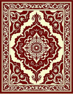 Deep Red Cream Floral Medallion Border Rug