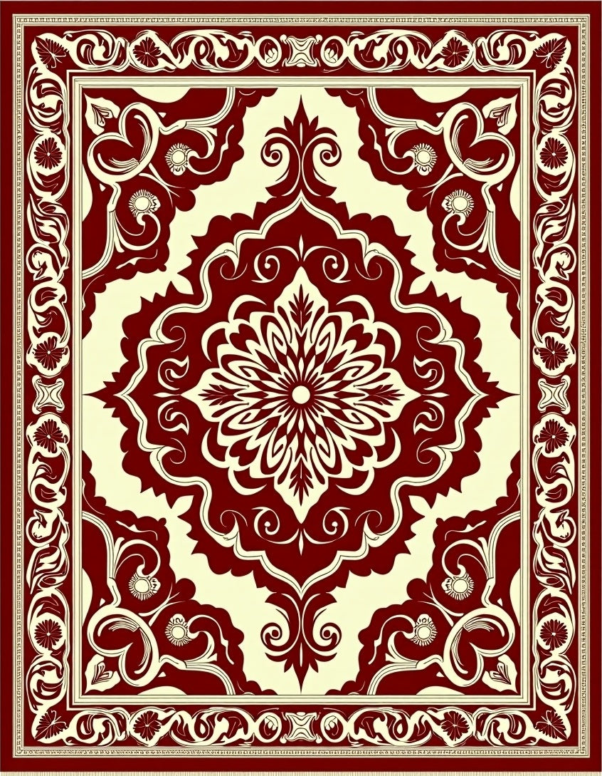 Deep Red Cream Floral Medallion Border Rug