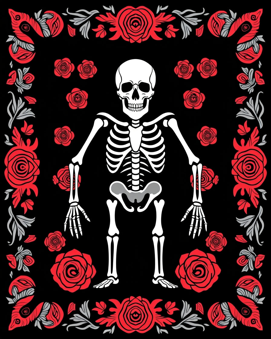 Skeleton Red Rose Border Art Rug