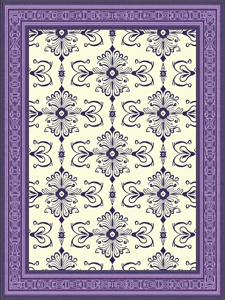 Purple Cream Damask Floral Border Rug
