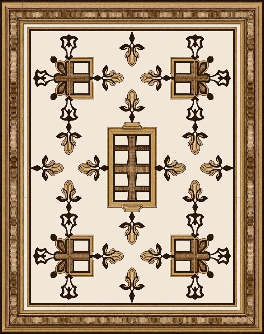 Ornate Gold and Brown Geometric Square Rug