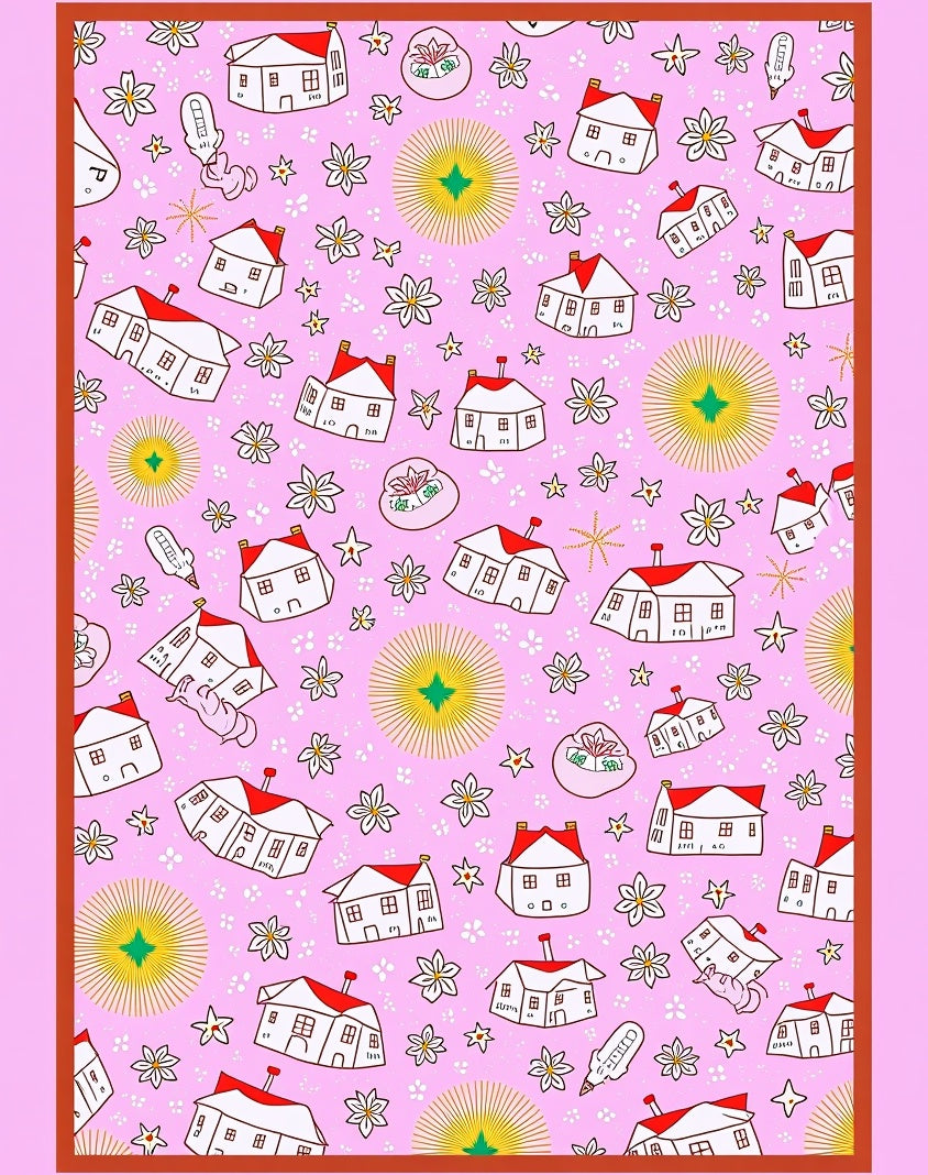 Pink White Houses Floral Whimsical Rug