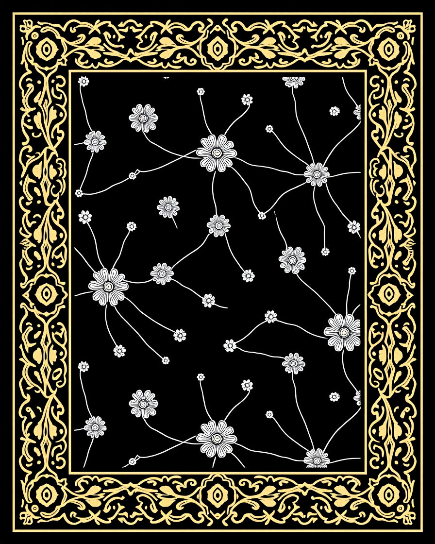 Black Golden Floral Vines Medallion Rug