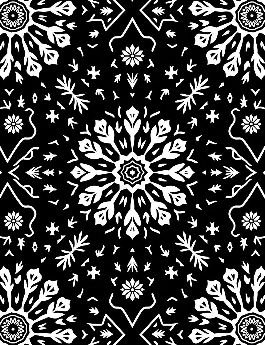 Dark Black White Snowflake Medallion Ornament Rug