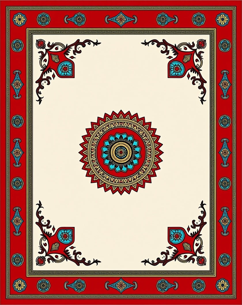 Red Cream Mandala Art Frame Rug