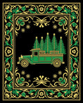 Vintage Green Truck Christmas Trees Scrollwork Rug