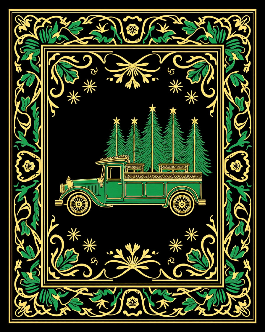 Vintage Green Truck Christmas Trees Scrollwork Rug