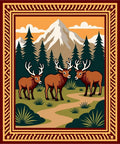 Woodland Deer Mountain Scene Landscape Rug