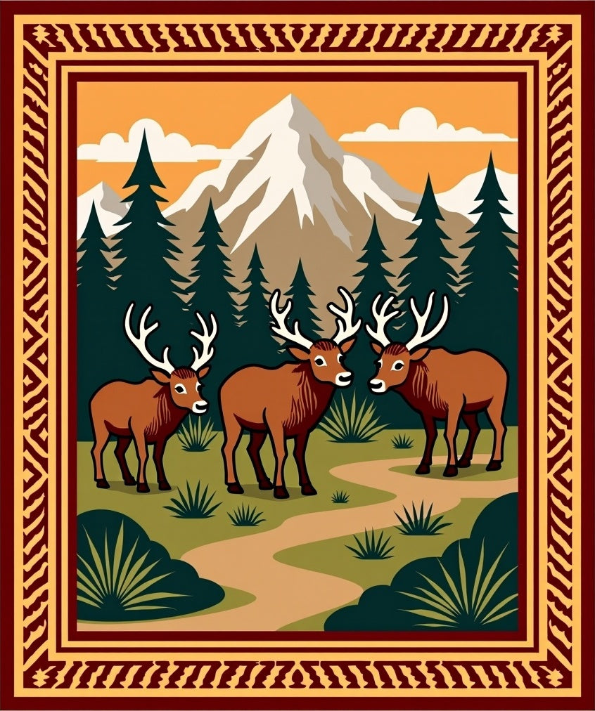 Woodland Deer Mountain Scene Landscape Rug
