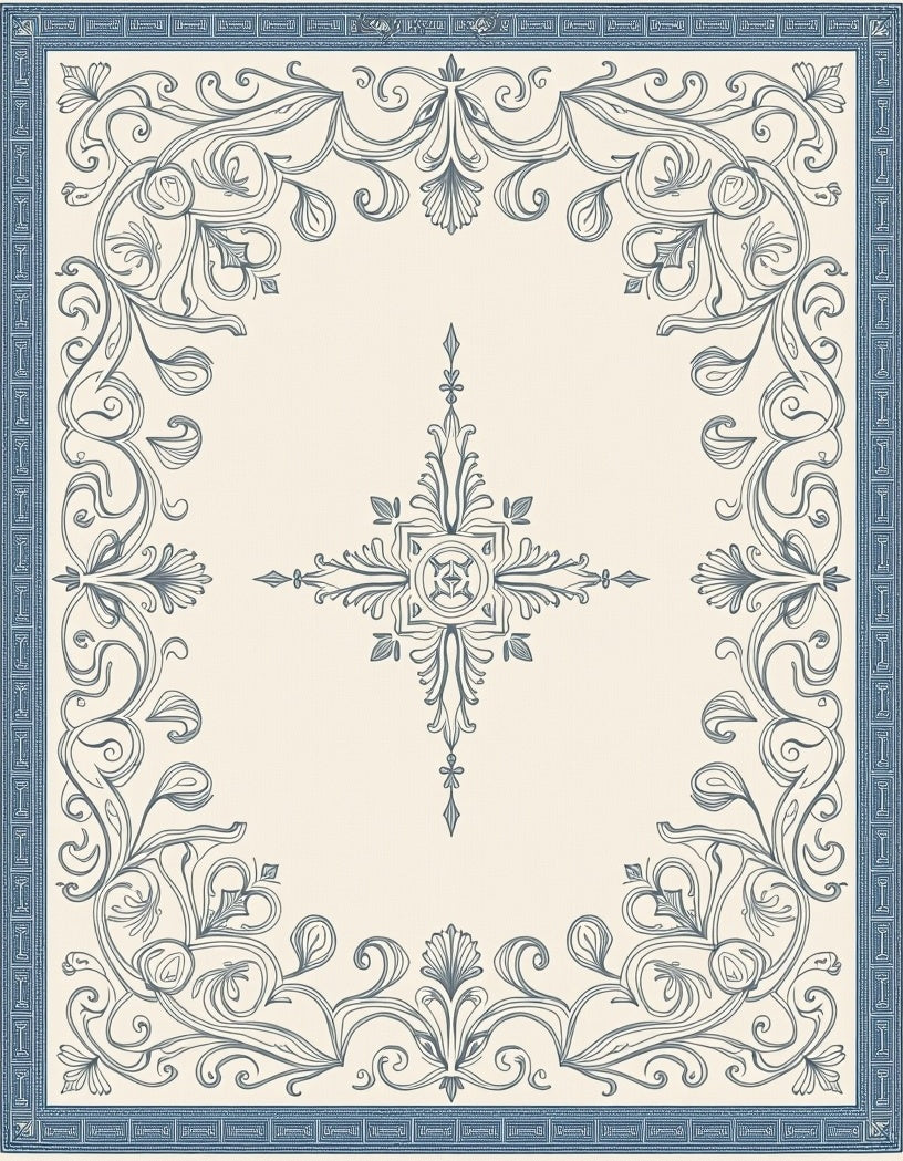 Ivory Blue Floral Scroll Border Rug