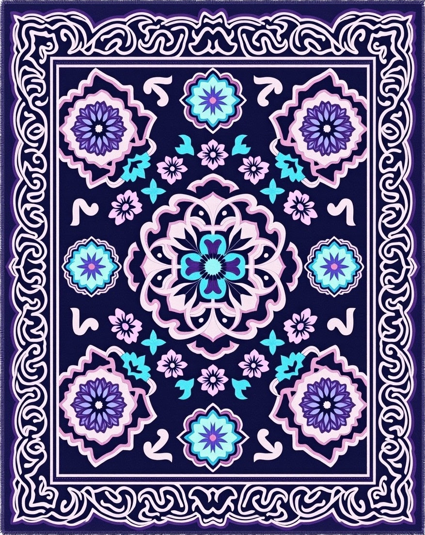 Navy Blue Floral Medallion Bright Color Rug