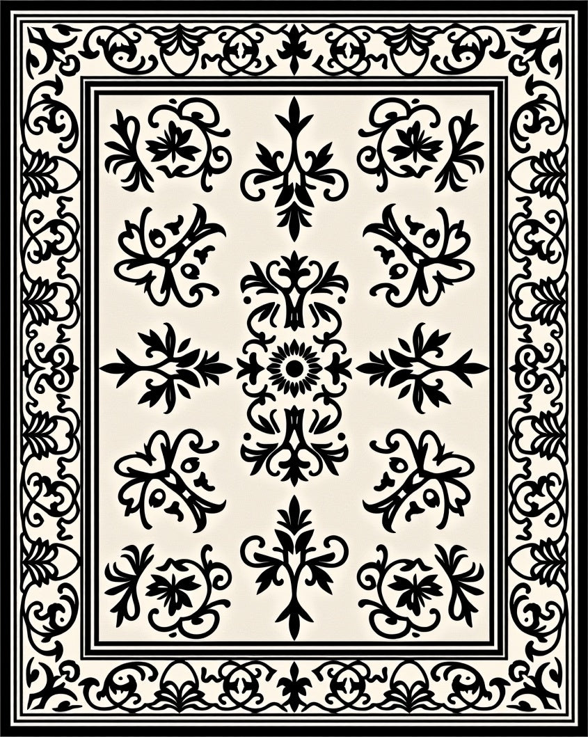 Classic Cream Black Filigree Bordered Rug