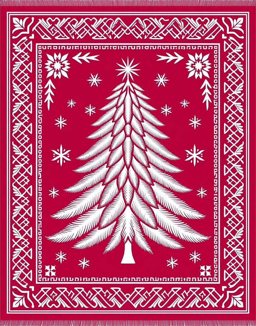 Crimson white pine tree snowflakes border Rug