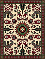 Ornate Crimson Sunburst Animal Medallion Rug