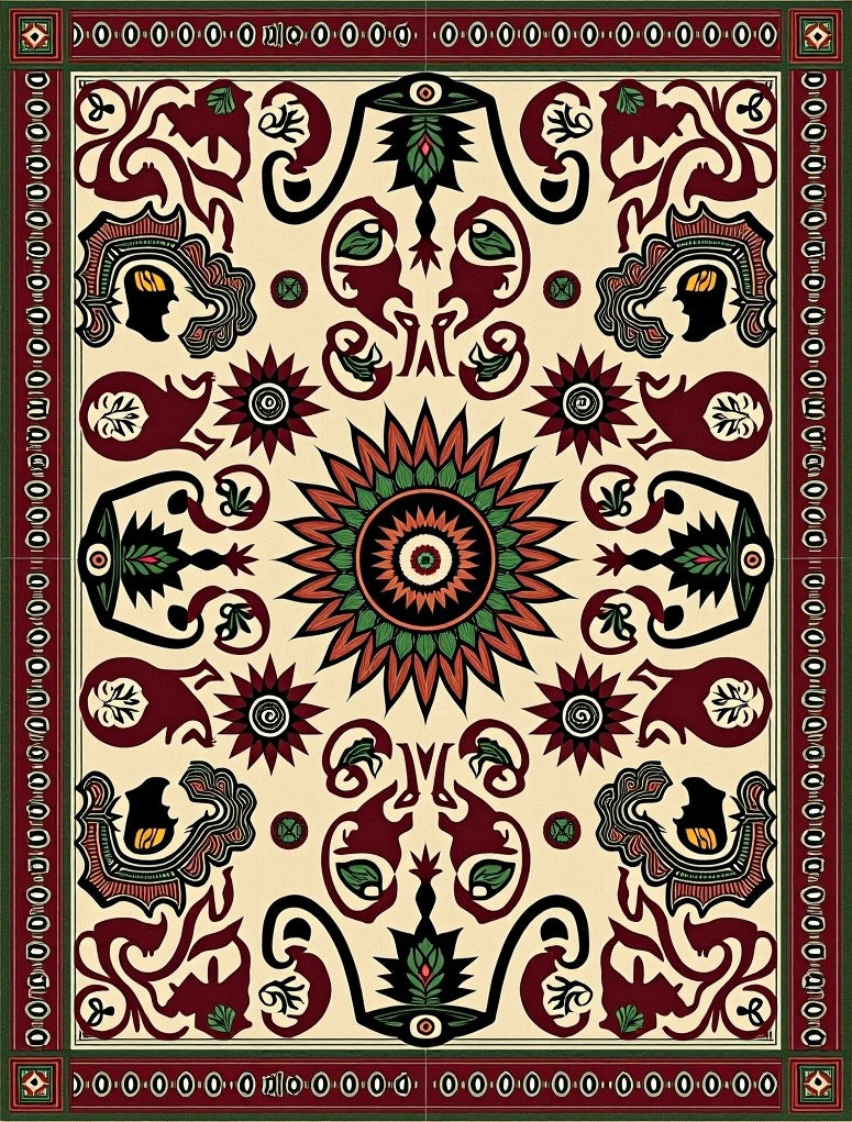Ornate Crimson Sunburst Animal Medallion Rug