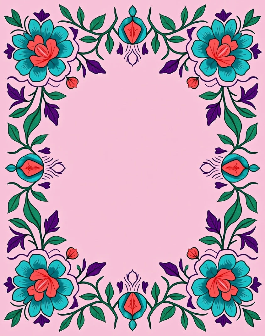 Teal Coral Blossom Vine Frame Rug