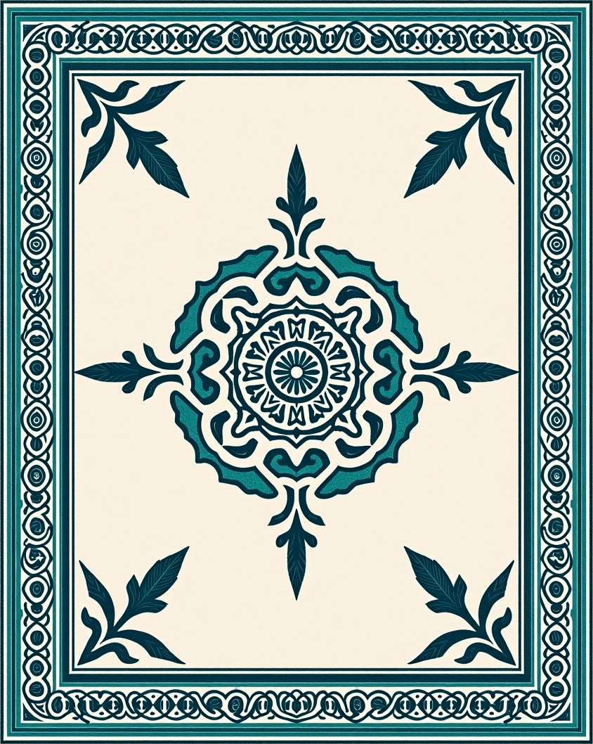 Teal Medallion Ivory Bordered Rug