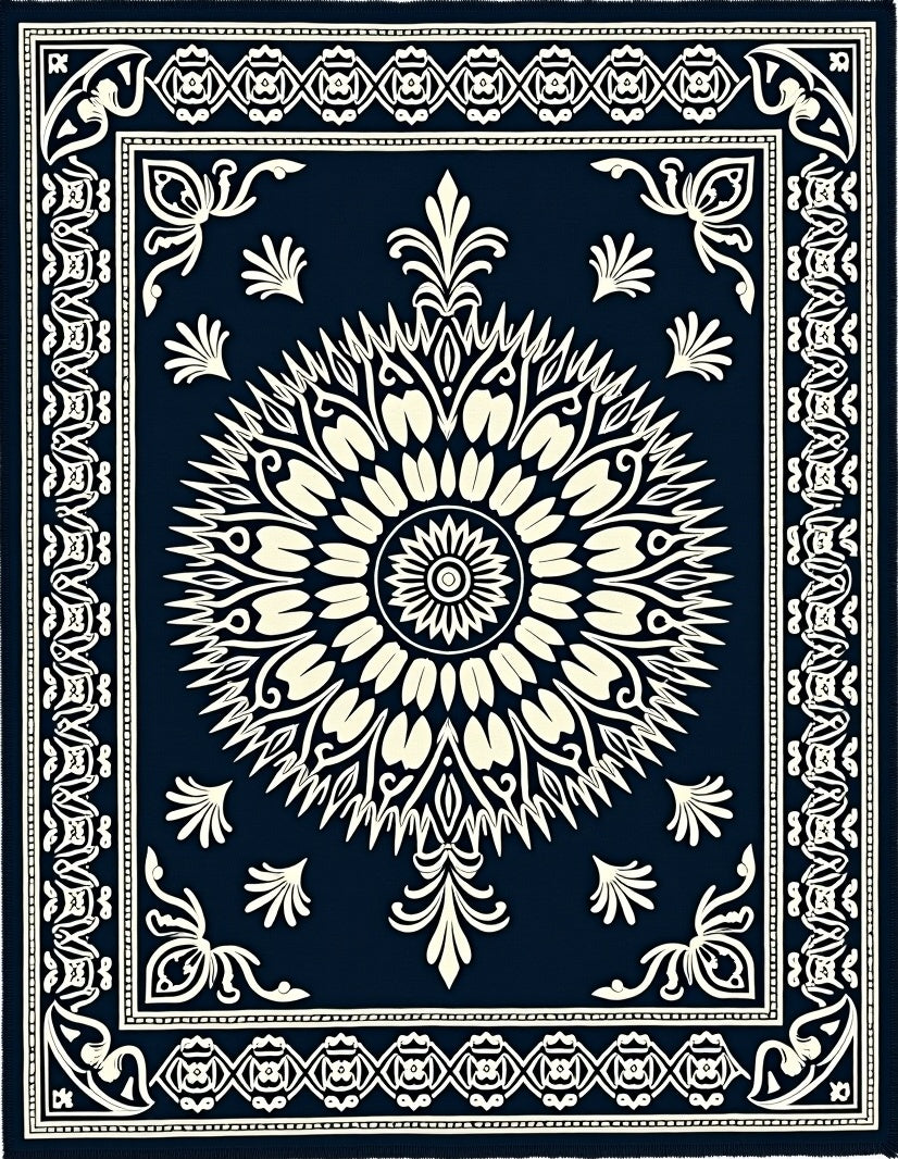 Navy Ivory Radial Mandala Rug
