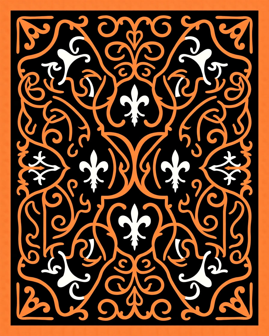 Orange White Fleur De Lis Scrollwork Rug