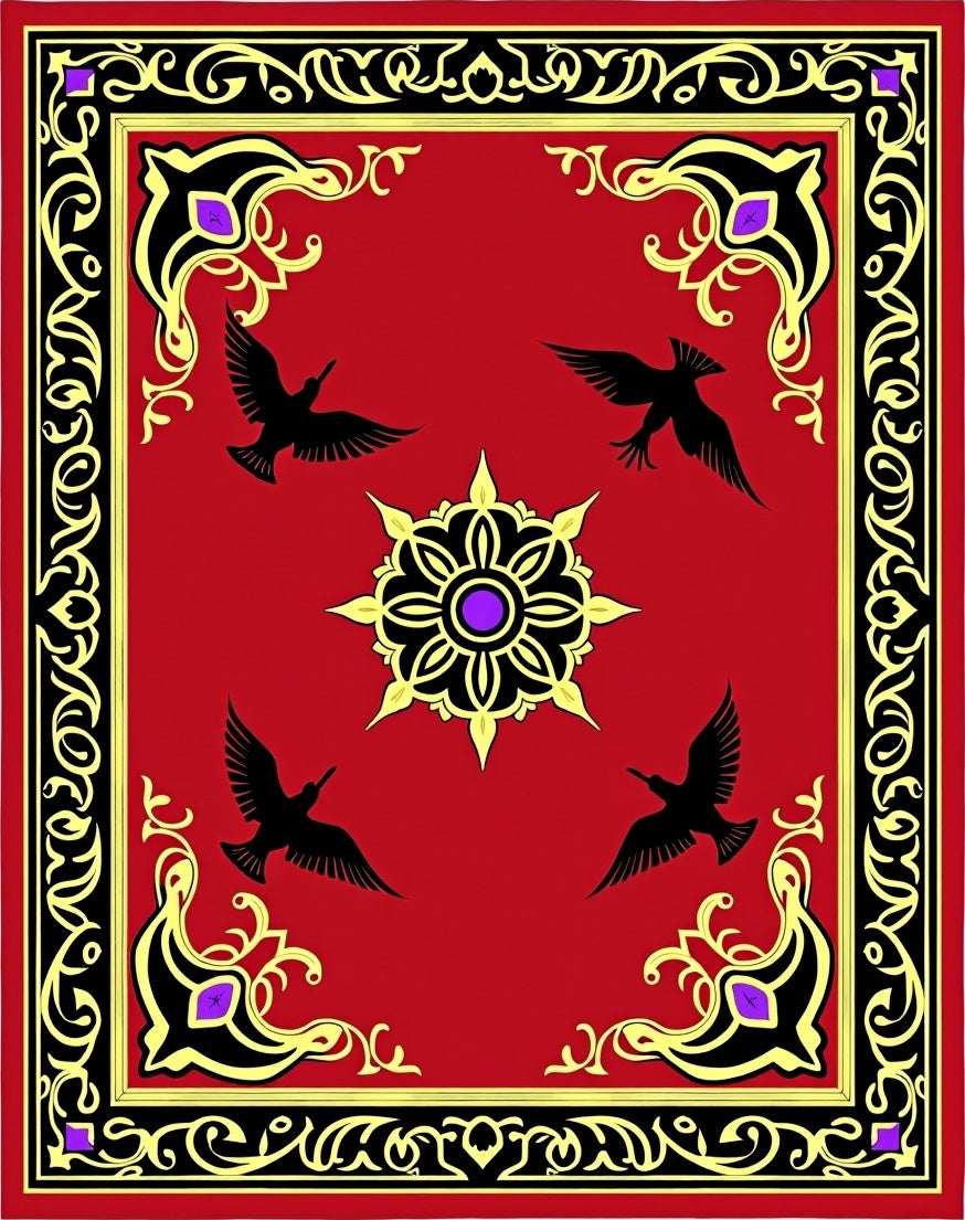 Rich Red Black Gold Bird Medallion Rug