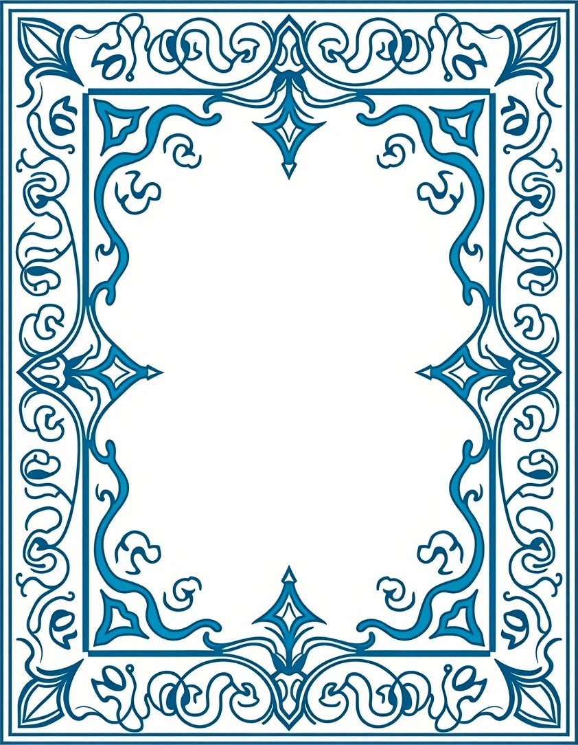 Azure Blue Ornate Scroll Border Rug