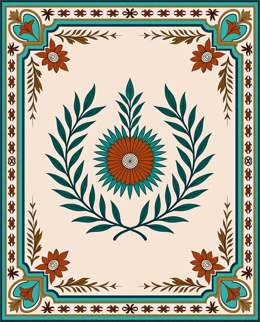 Terracotta Peacock Floral Laurel Frame Rug