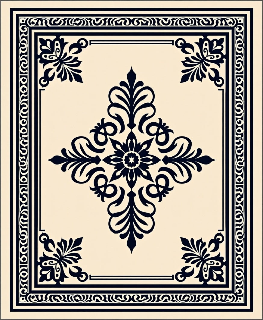 Dark Navy Damask Floral Centerpiece Rug