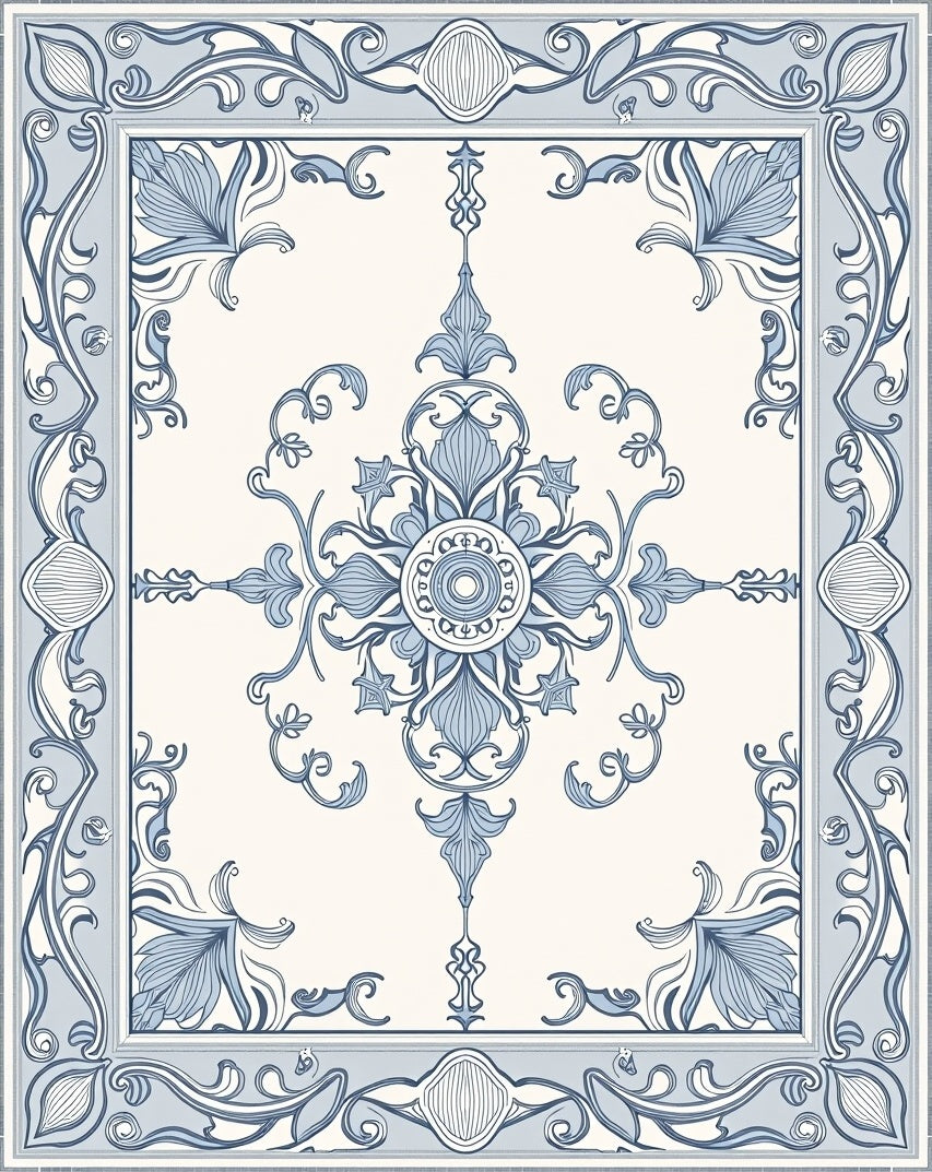 Pale Blue Art Nouveau Floral Medallion Rug
