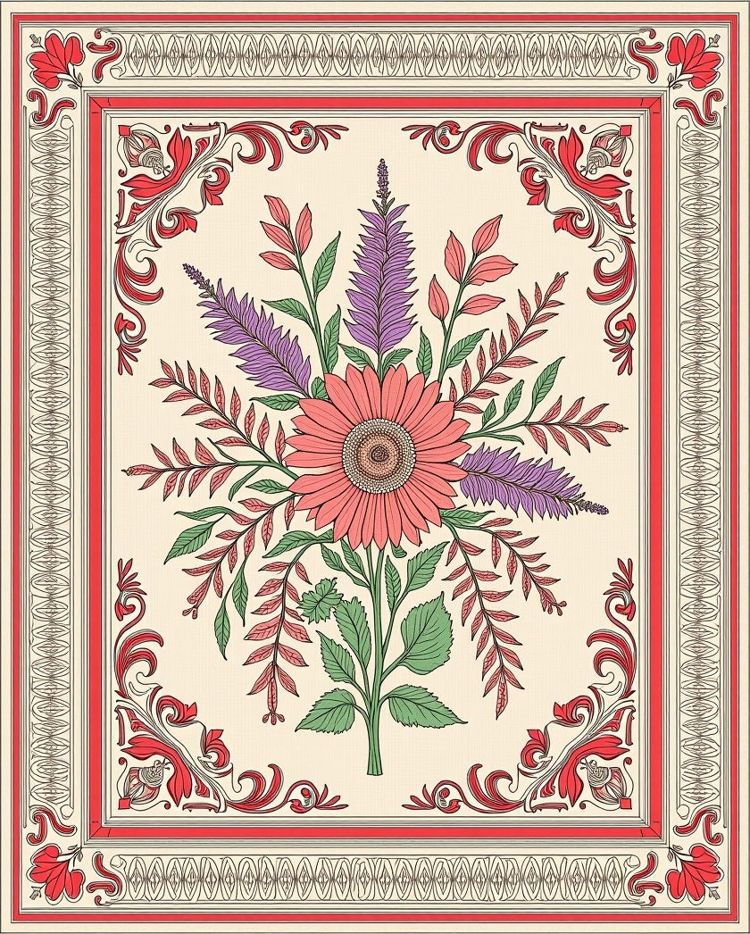Cream Coral Purple Floral Bordered Rug