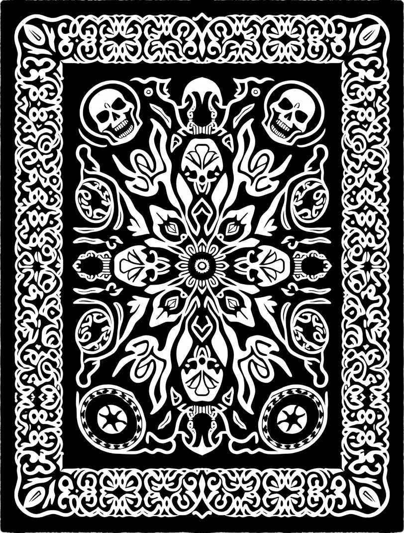 Gothic Skull Floral Mandala Black White Rug