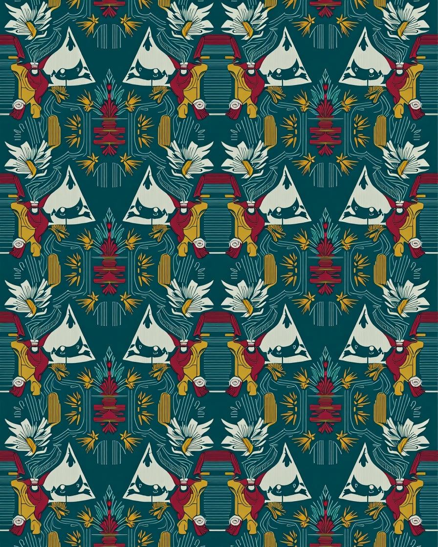 Teal Crimson Geometric Abstract Floral Rug