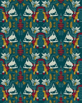 Teal Crimson Geometric Abstract Floral Rug