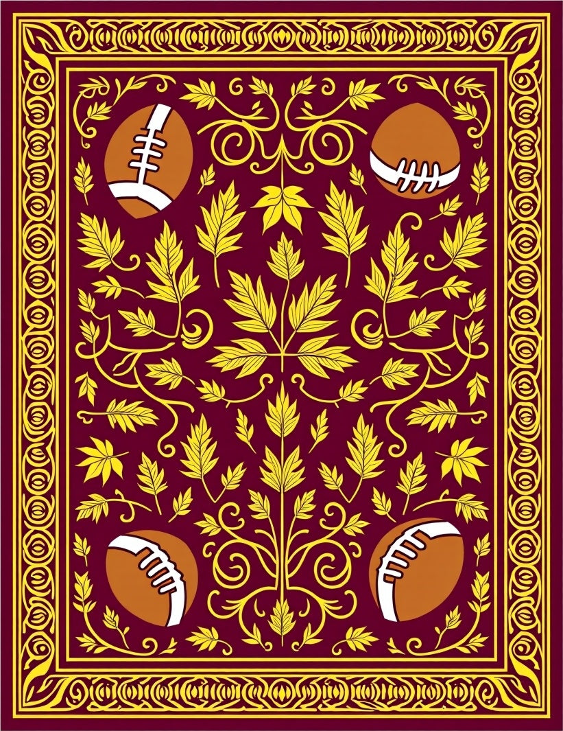 Maroon Yellow Football Foliage Scroll Rug