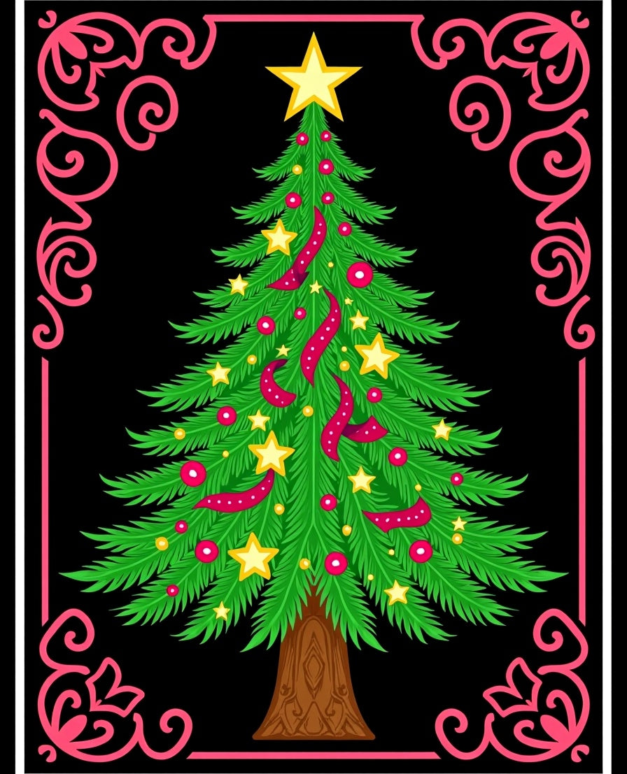 Festive Green Christmas Tree Floral Border Rug