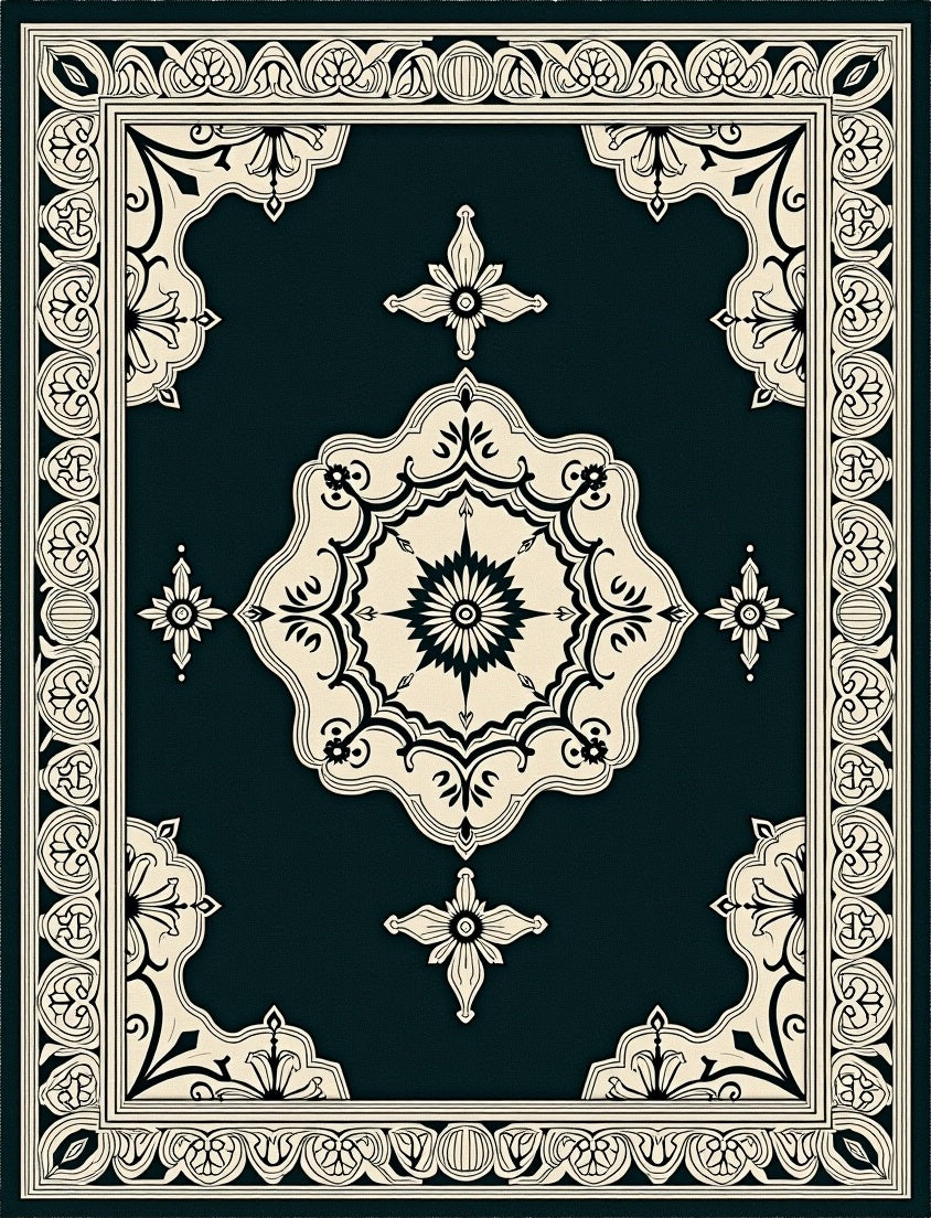 Dark Teal Cream Medallion Frame Rug